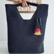 Load image into Gallery viewer, black crochet bag red tassel yellow tassel