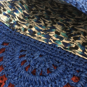 handmade blue crochet clutch detail