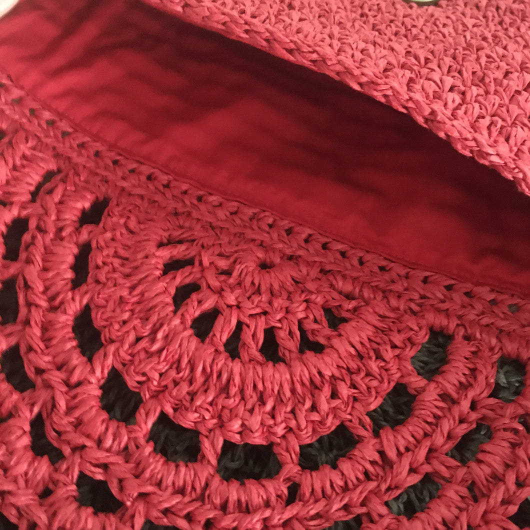 handmade red crochet clutch detail