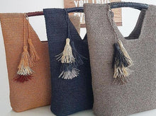 Load image into Gallery viewer, crochet bag blue natural gray with tassel