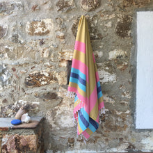 Load image into Gallery viewer, harmony towel pink mustard turquoise stripe