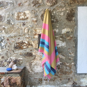 harmony towel pink mustard turquoise stripe